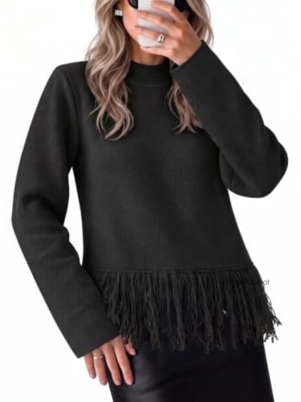 Fringe Sweater Mock Neck Long Sleeve Pullover Tops